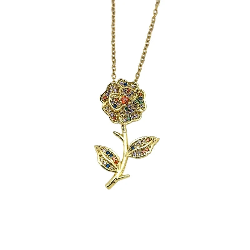 Zircon Flower Pendant Necklace | Gold Stainless Steel | Nixie