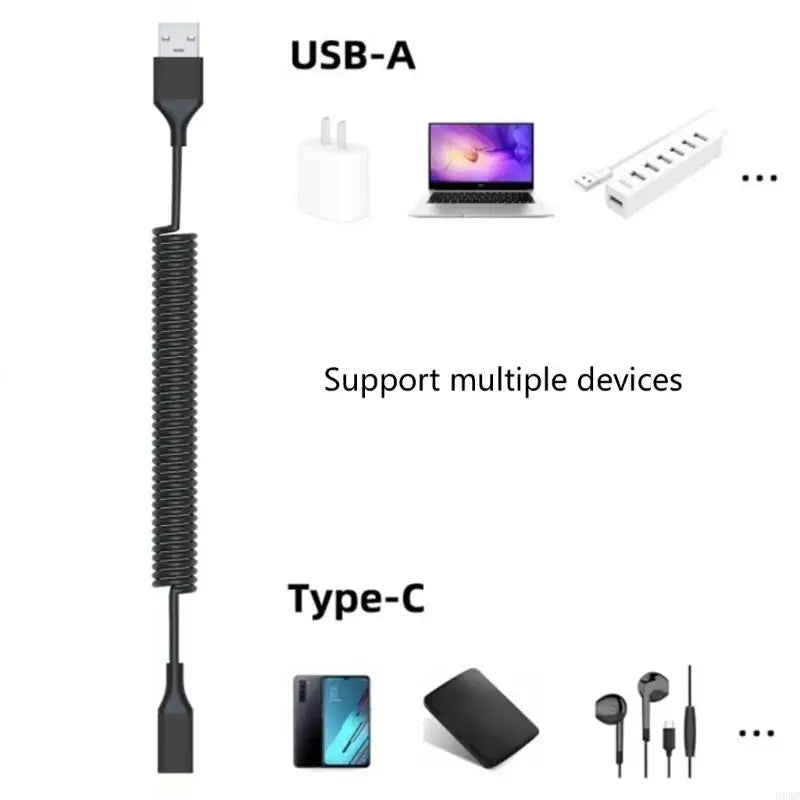 Coiled USB-A to USB-C Adapter Cable | Retractable 44–150cm