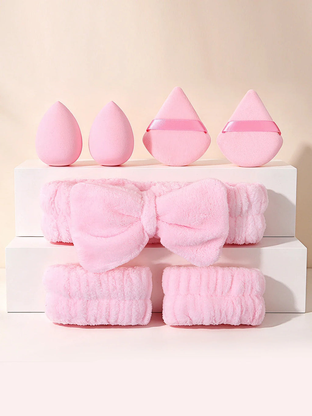 7-Piece Makeup Tool Set – Puffs, Spa Headband & Wristbands