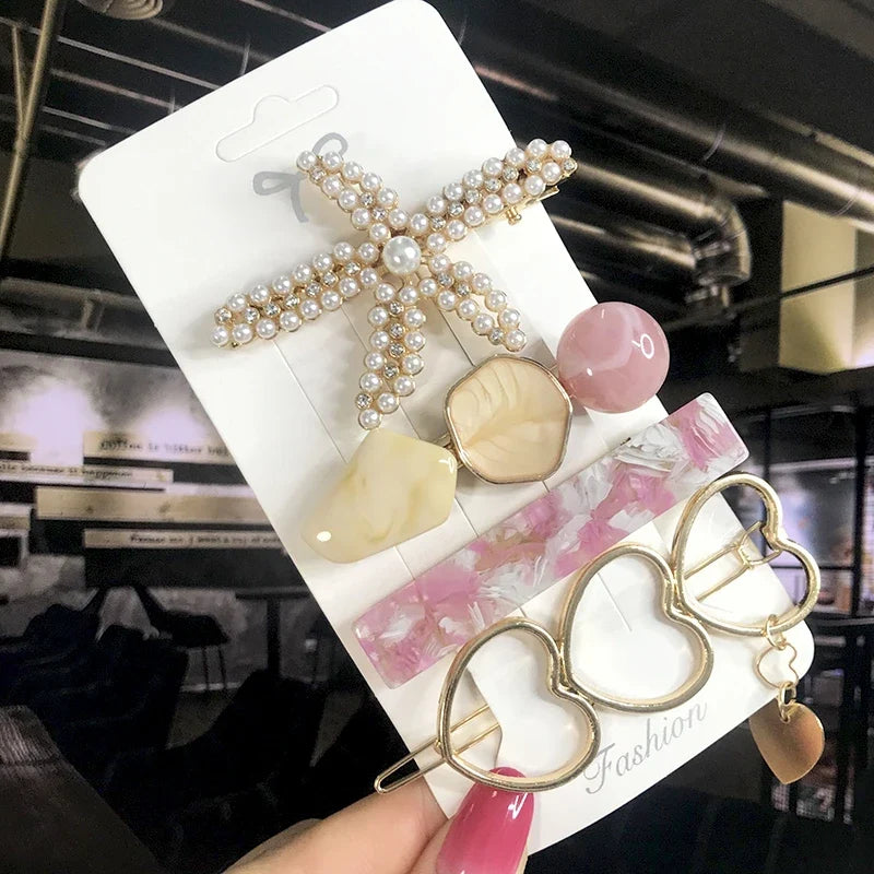 Pearl Crystal Hair Clips Set – Korean Geometric Barrettes