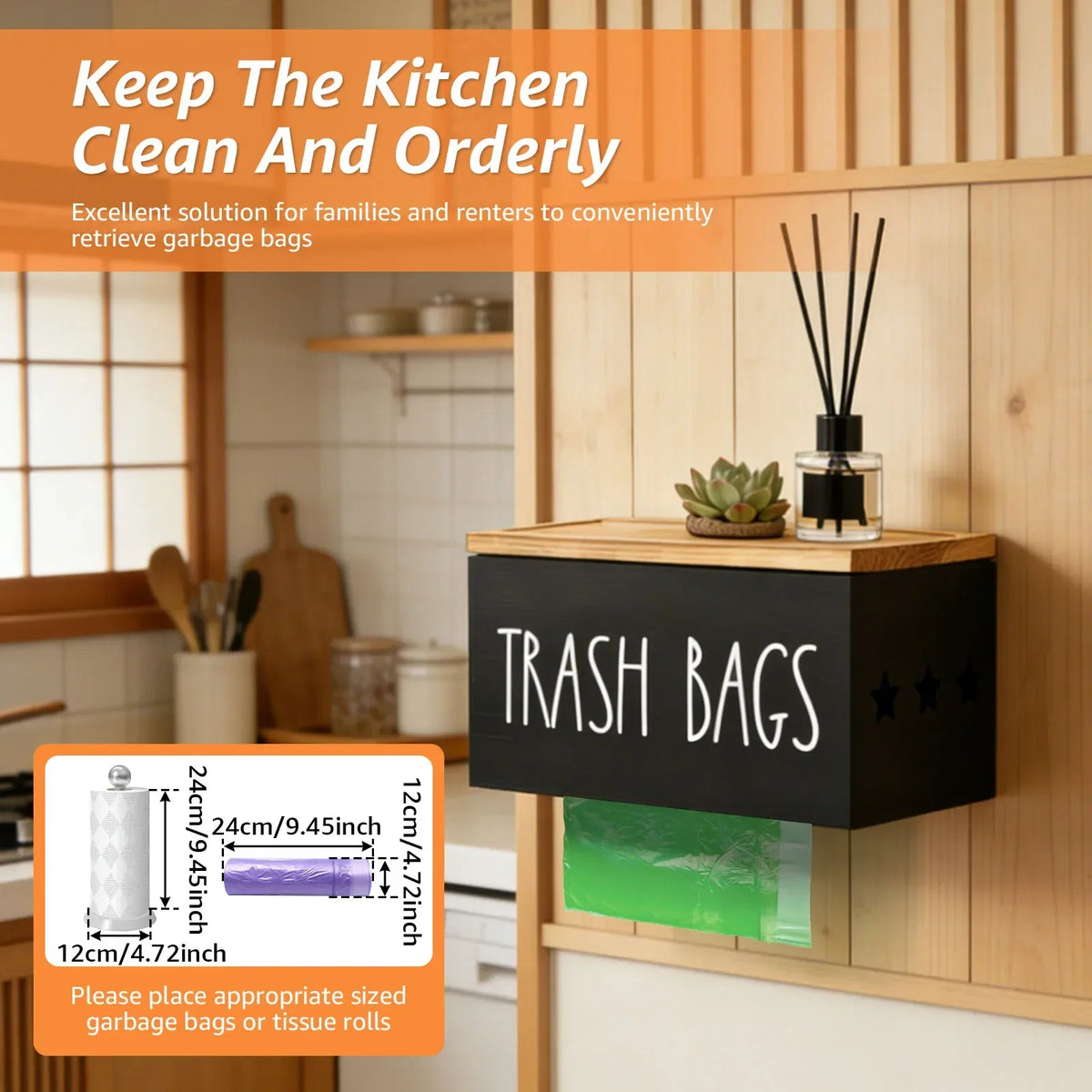 Wall Mount Wooden Trash Bag Roll Holder & Kitchen Organizer
