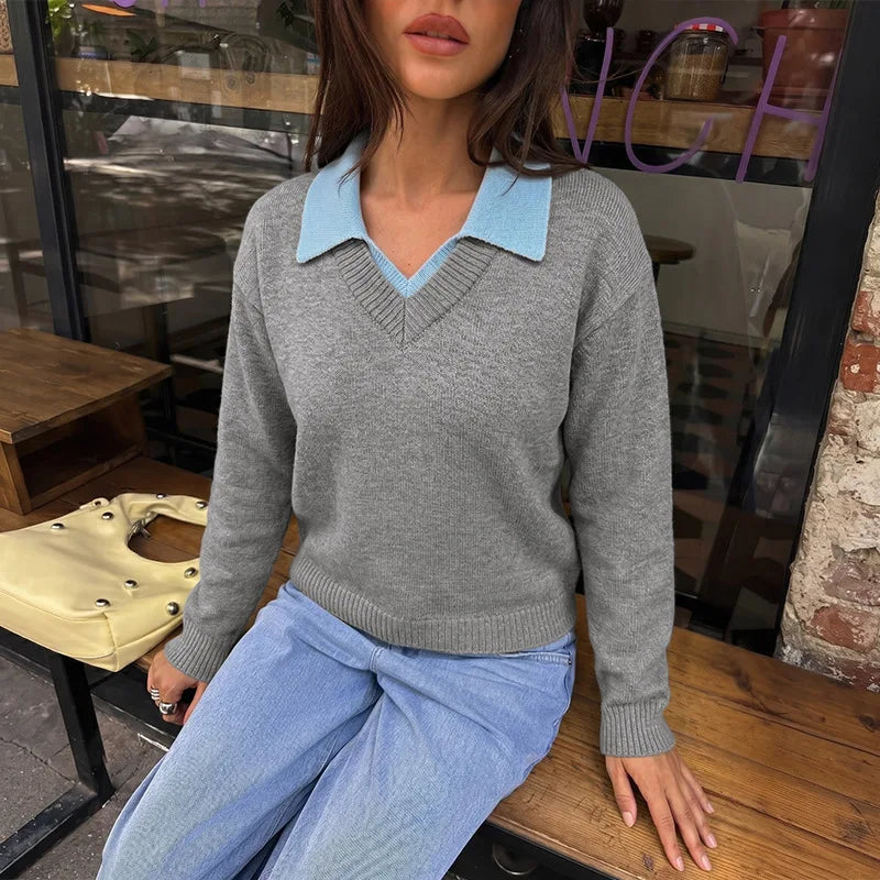 Women's Polo Neck Patchwork Knit Pullover Sweater | Loose Fit