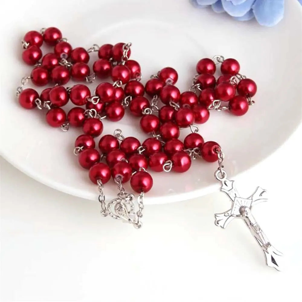 Vintage Pearl Rosary Bead Necklace with Cross Pendant | Handmade