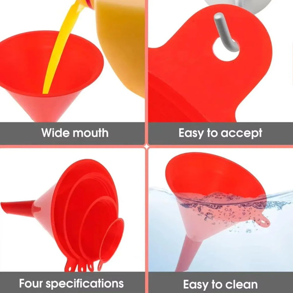 Red Plastic Funnel Set 4 Sizes – Kitchen & Automotive Kit
