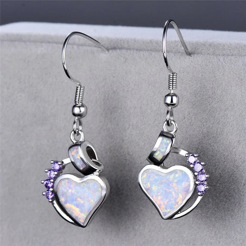 White Simulated Opal Heart Stud Earrings | Rhinestone Drop