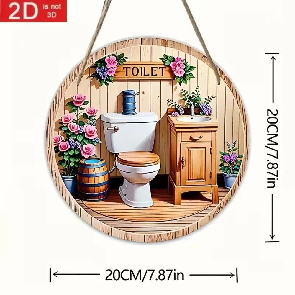 Wooden Hanging Bathroom Sign Round Farmhouse Wall Décor