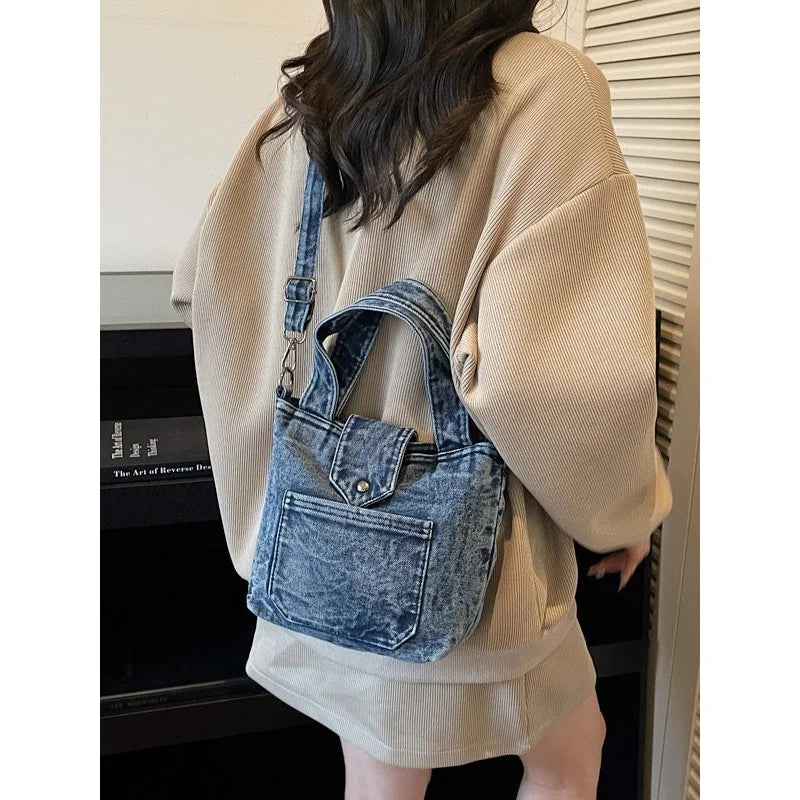 Denim Vintage Bucket Bag for Women – Casual Daily Handbag