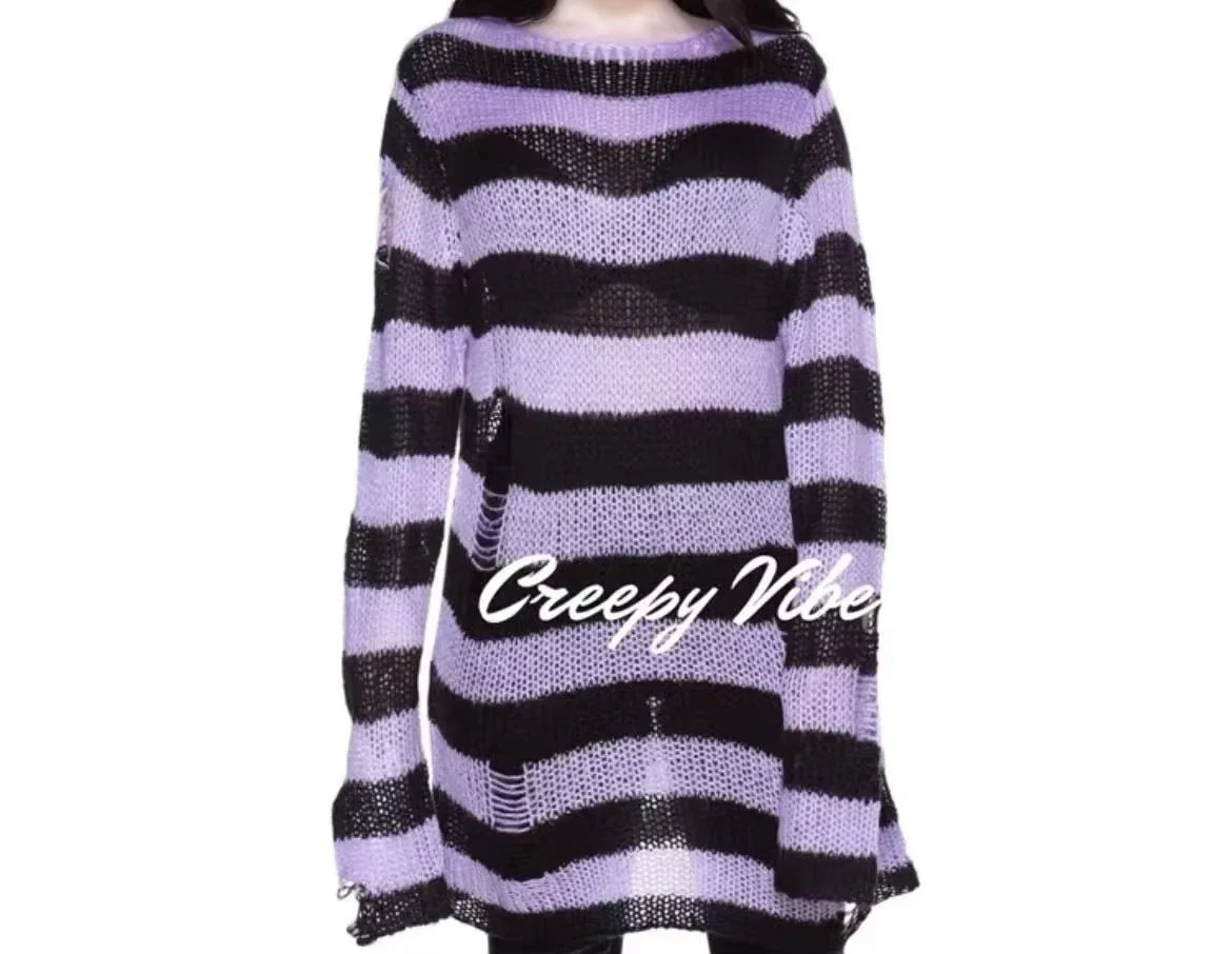 Women's Punk Gothic Oversized Striped Hollow Knit Sweater