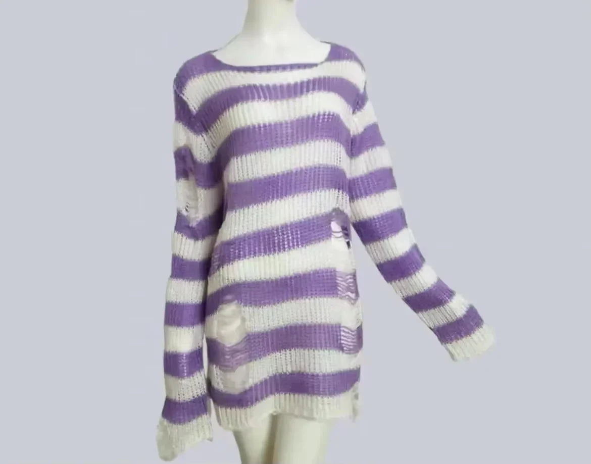 Women's Punk Gothic Oversized Striped Hollow Knit Sweater