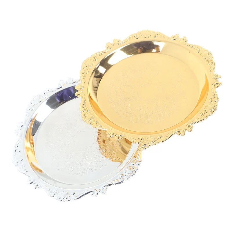 Silver & Gold Glossy Metal Tray – Decorative Serving Plate