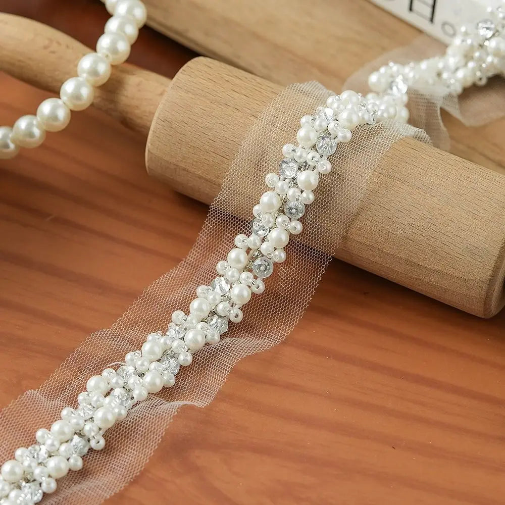 Pearl Beaded Rhinestone Lace Trim Ribbon for DIY Sewing