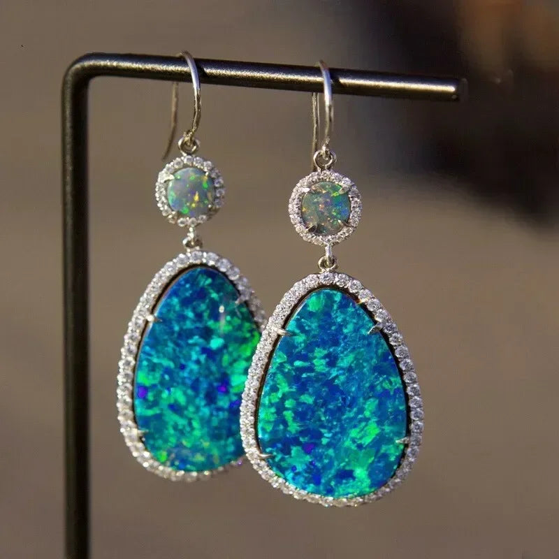 Water Drop Simulated Opal Dangle Earrings – Blue Crystal