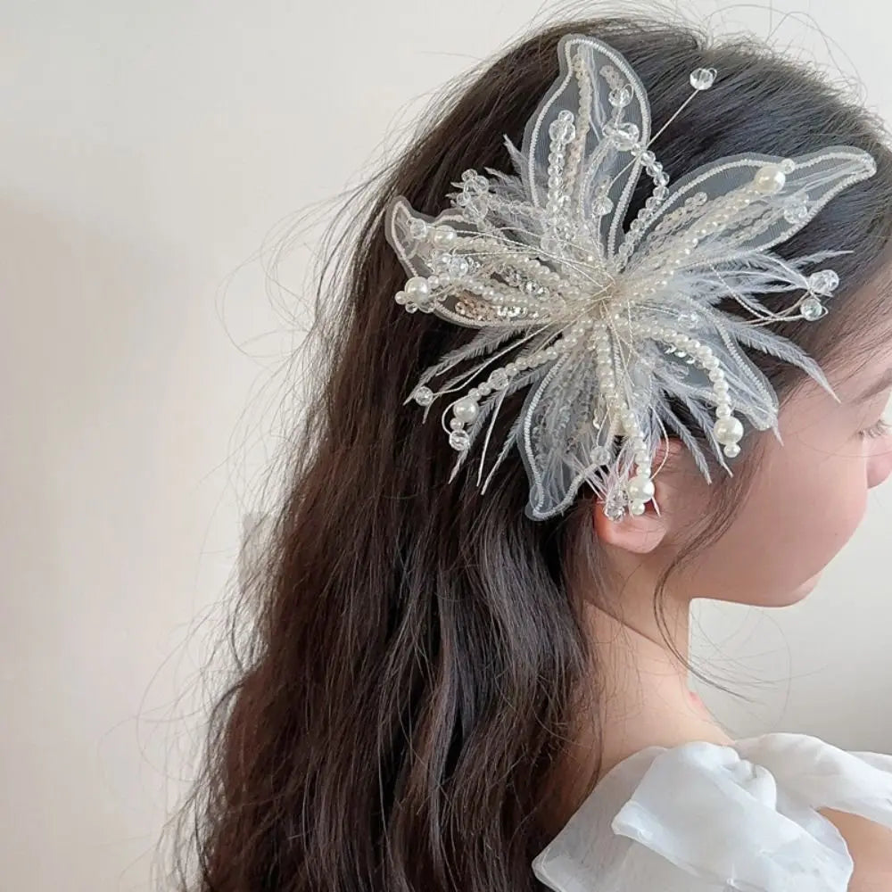 3D Organza Flower Patch – Pearl Crystal Feather DIY Embroidery