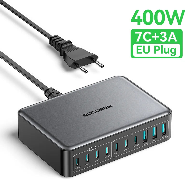 Rocoren 400W GaN Charging Station 10-Port USB-C & USB-A Hub
