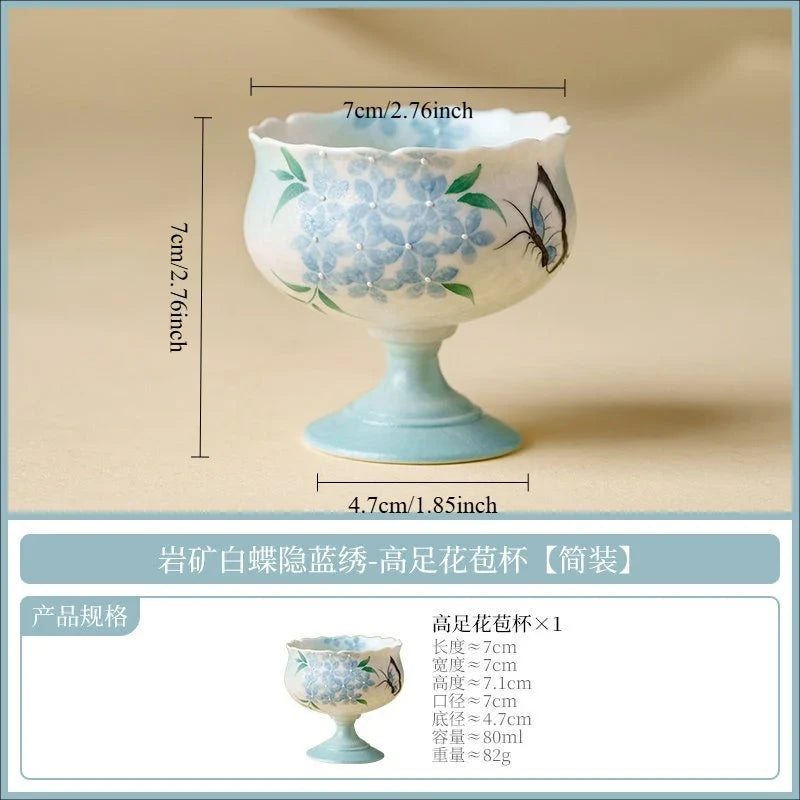 Hand-Drawn Blue Embroidered Butterfly Ceramic Teacup 80ml