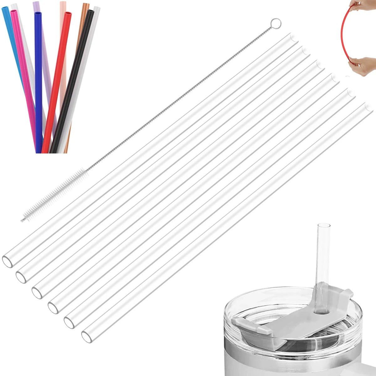 Reusable Plastic Drinking Straws 7-Piece Set with Cleaning Brush