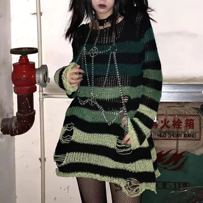 Women's Punk Gothic Oversized Striped Hollow Knit Pullover Sweater