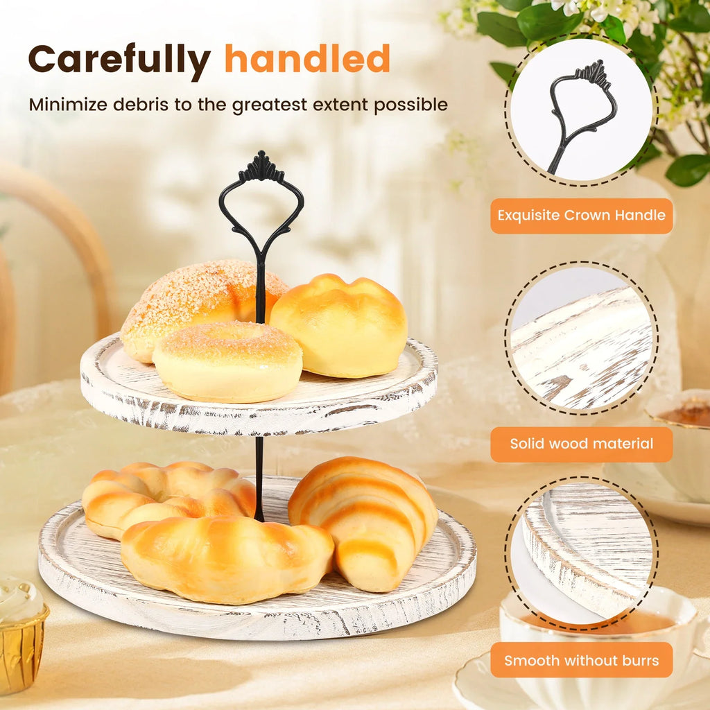 Wooden 2-Tier Round Farmhouse Serving Tray & Cupcake Stand