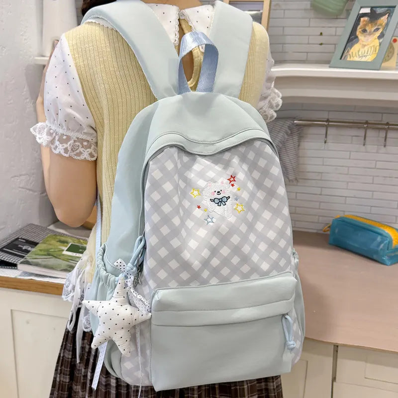 Korean Plaid Embroidered Backpack for Women – Large Capacity