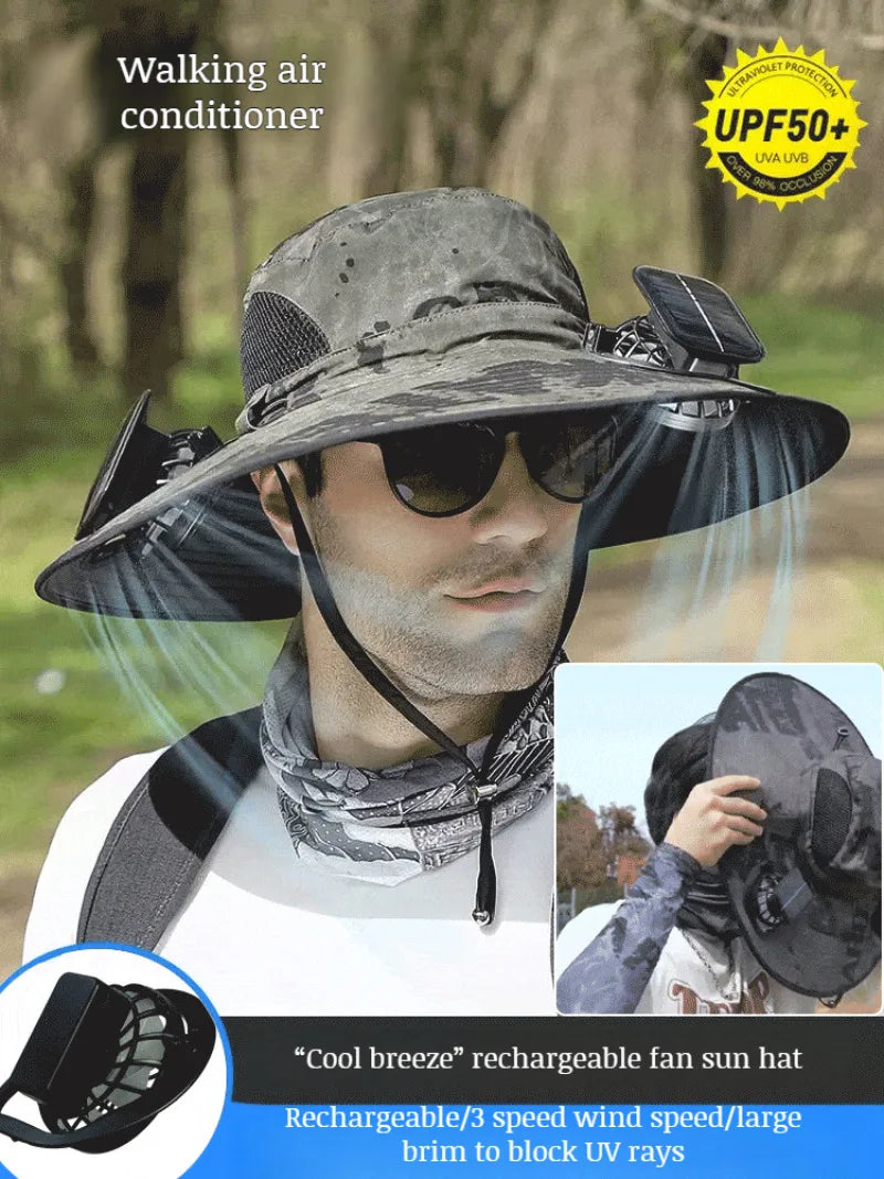 UV Protection Wide Brim Fan Hat – USB Rechargeable Cooling