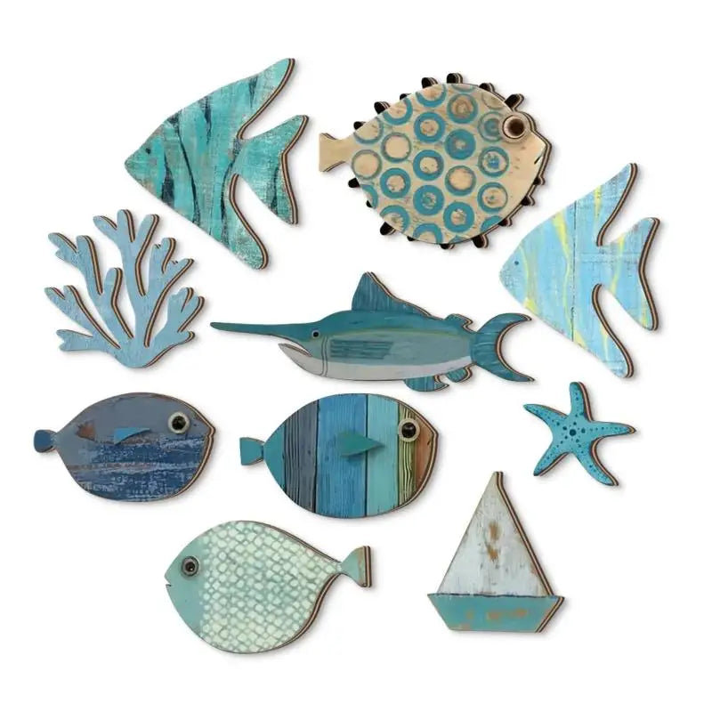 10-Piece Wooden Fish Wall Decor – Nautical Coastal Beach Art