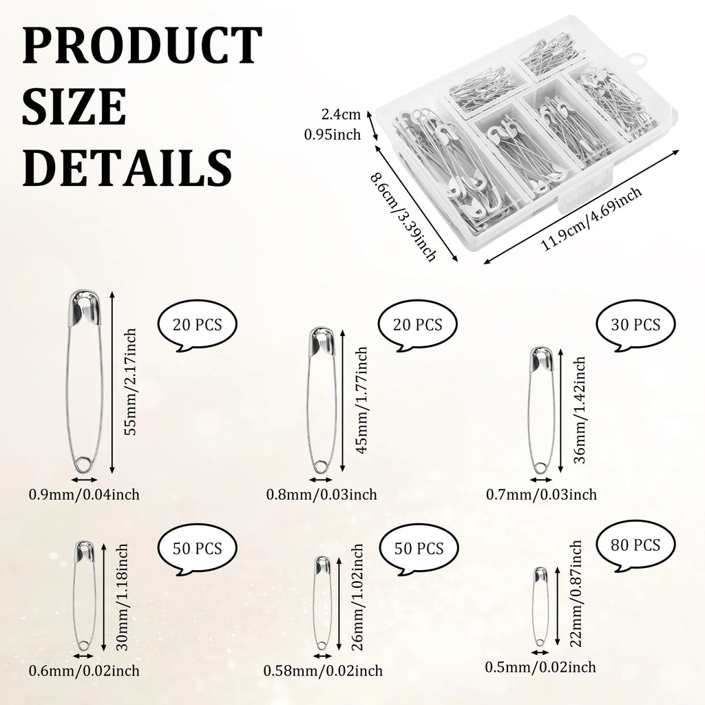 250Pcs Assorted Safety Pins Set – 6 Sizes, Rust Resistant