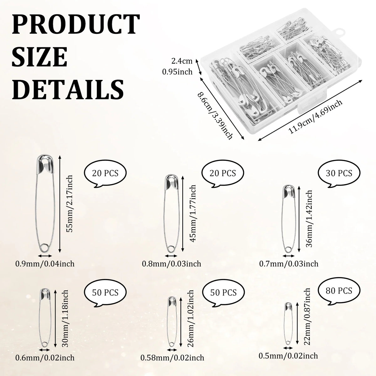 250Pcs Assorted Safety Pins Set – 6 Sizes, Rust Resistant