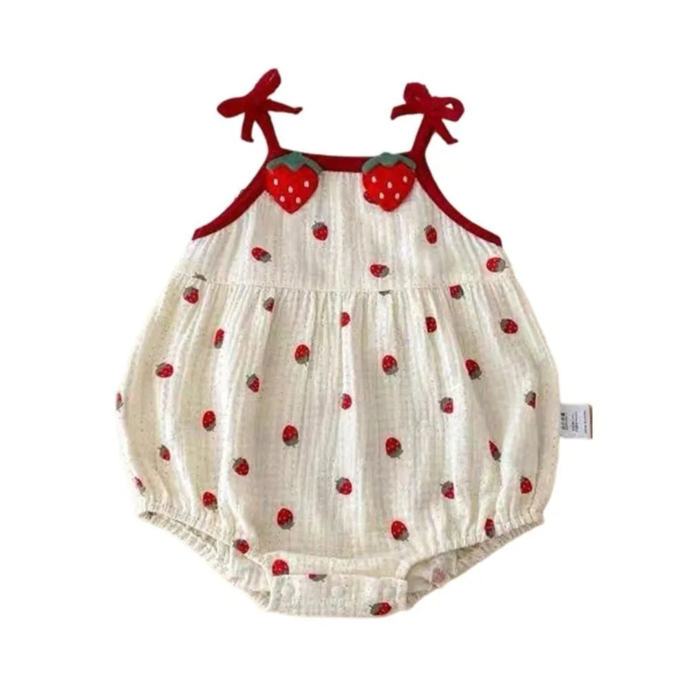 Strawberry Print Baby Girl Sling Romper | Cotton Jumpsuit