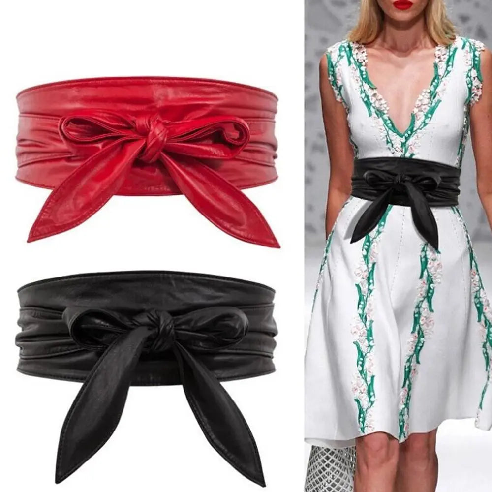 Women's Wide Bowknot Belt – PU Leather Lace-Up Waist Cincher