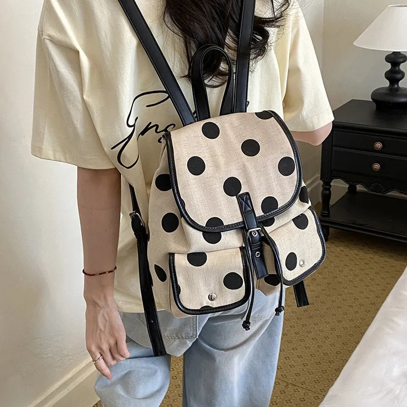Korean Polka Dot Canvas Backpack – Women's Multi-Pocket Bag