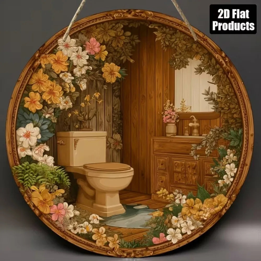 Wooden Hanging Bathroom Sign Round Farmhouse Wall Décor