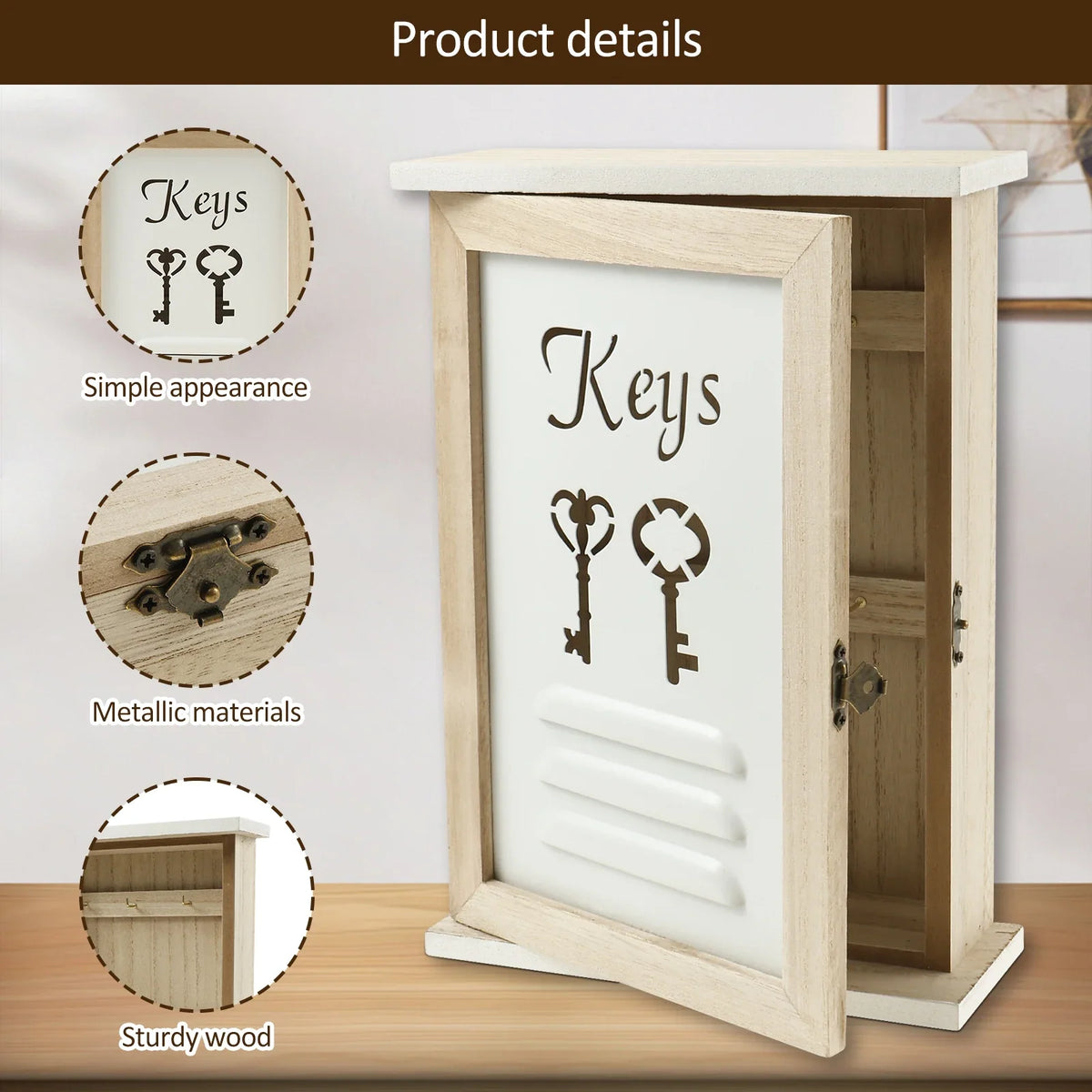 Wall Key Holder Cabinet – Wooden Key Box with 6 Hooks