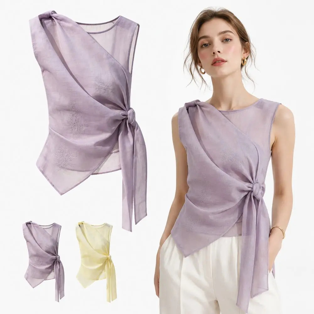 Women's Sleeveless Tulle Tie-Front Top | Elegant Chinese Style