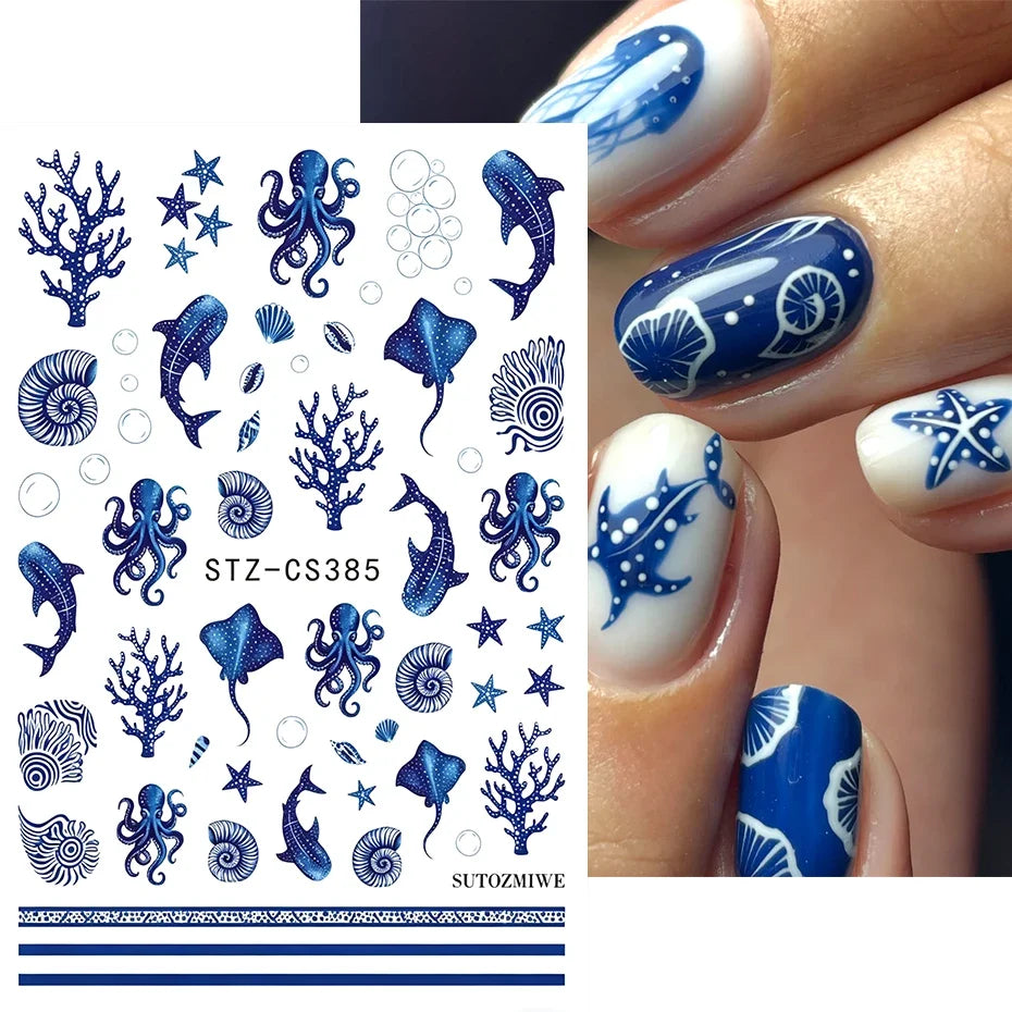 Blue Ocean Nail Art Stickers – Whale & Starfish Decals 2pcs