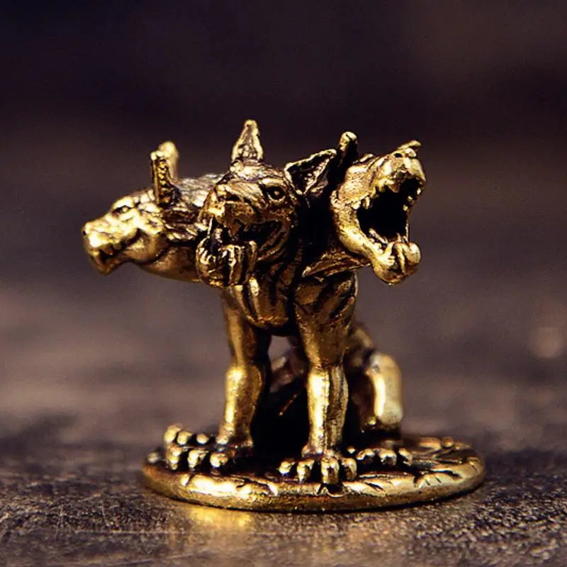 Mini Cerberus Three-Headed Wolf Brass Figurine | Desktop Statue