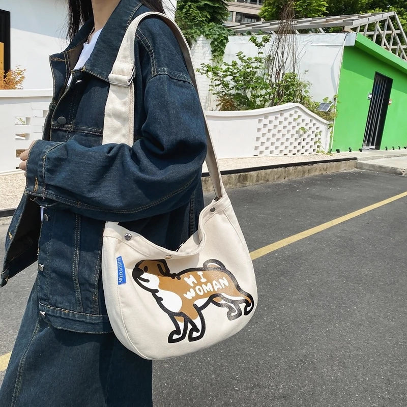 Japanese Puppy Print Canvas Crossbody Tote Bag – Unisex