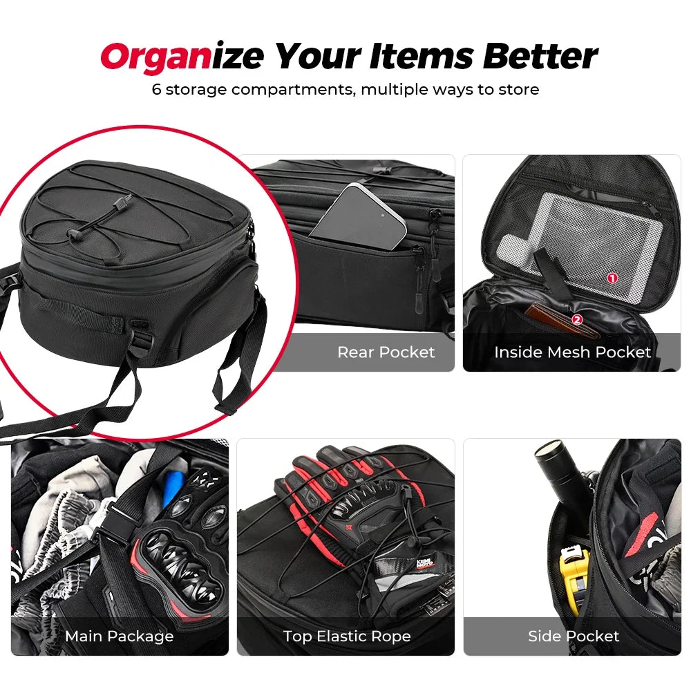 KEMIMOTO Motorcycle Tail Bag – Waterproof Expandable Rear Bag