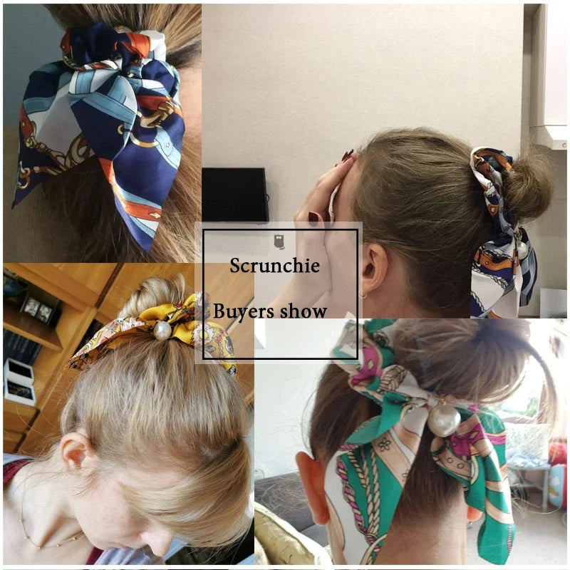 Chiffon Pearl Bow Hair Scrunchies – Women's Ponytail Holder