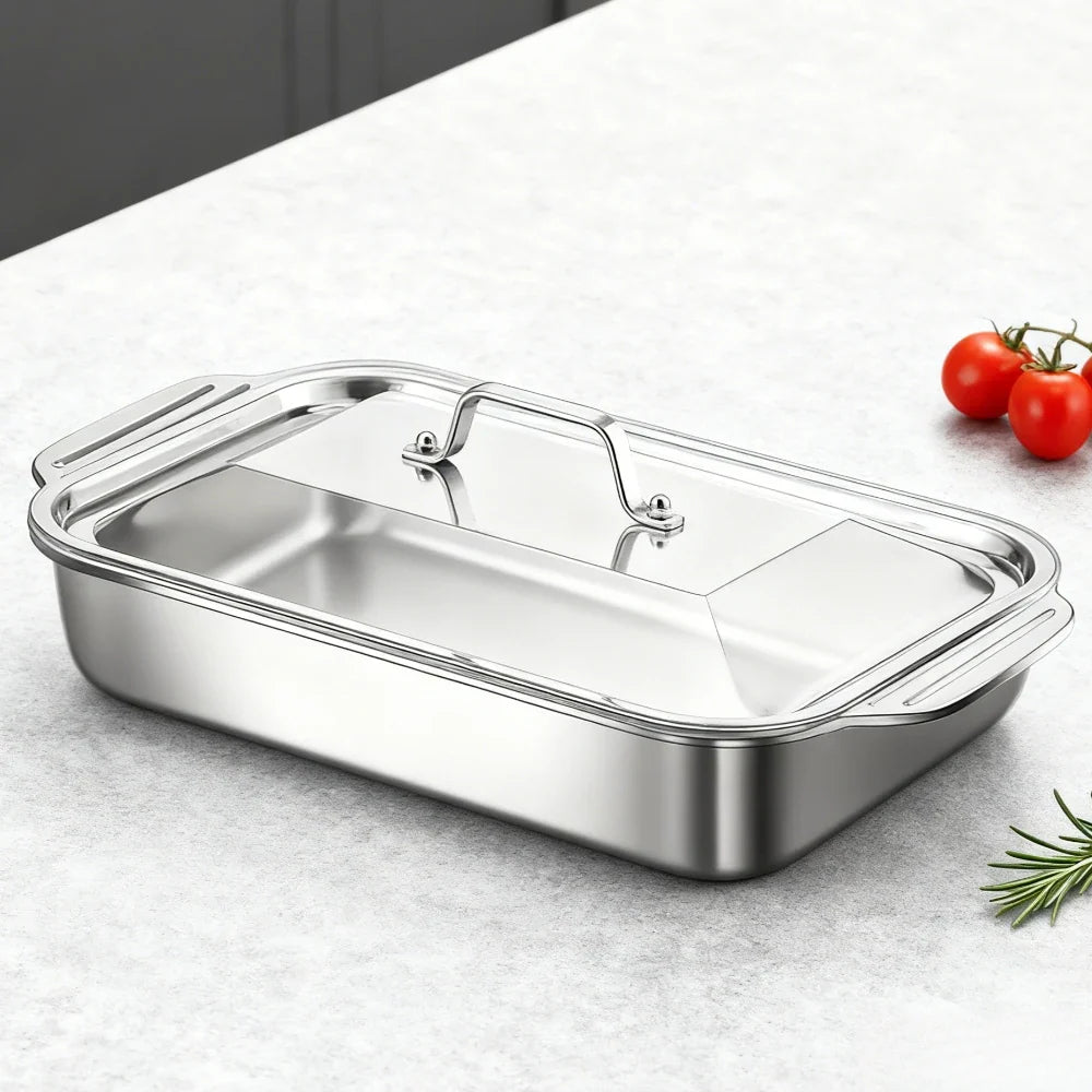 Stainless Steel Deep BBQ Baking Pan with Lid | Camping & Home