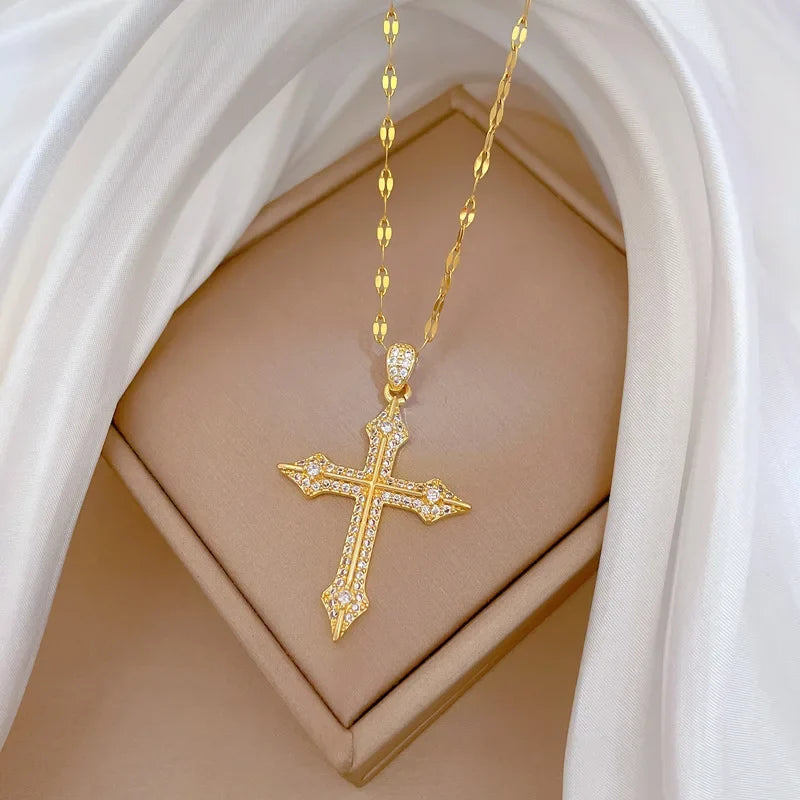 Women's Gold Cross Pendant Necklace – Stainless Steel Choker