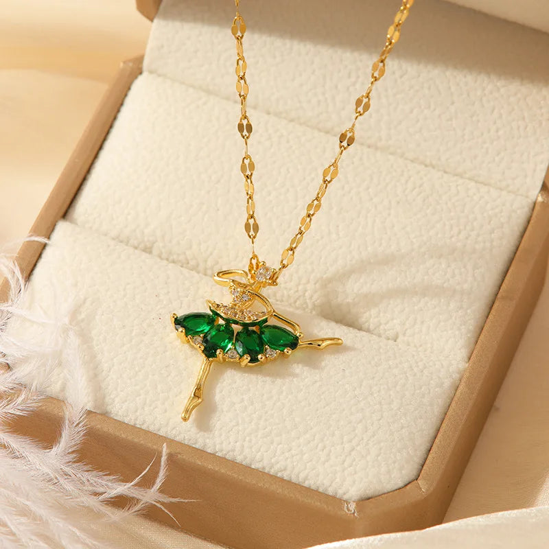Zircon Ballet Girl Pendant Necklace | Gold Clavicle Chain