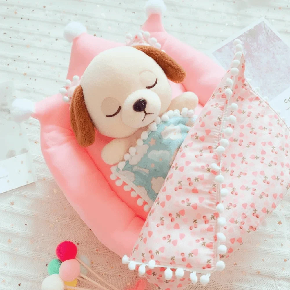 Mini Doll Bed 3-Piece Bedding Set for 10cm Dolls | Pink & Yellow