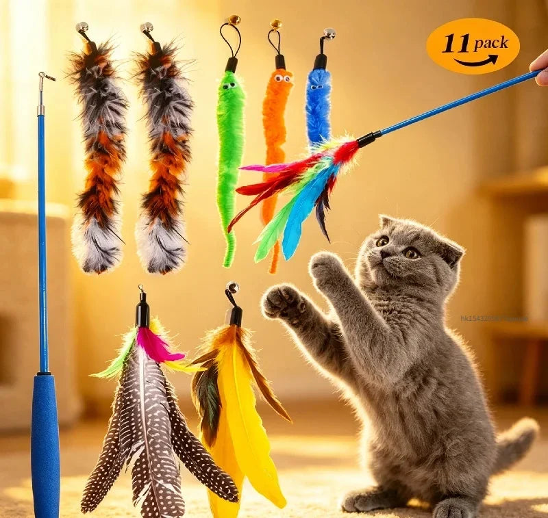 11-Piece Retractable Cat Feather Wand Toy Set – 10 Refills