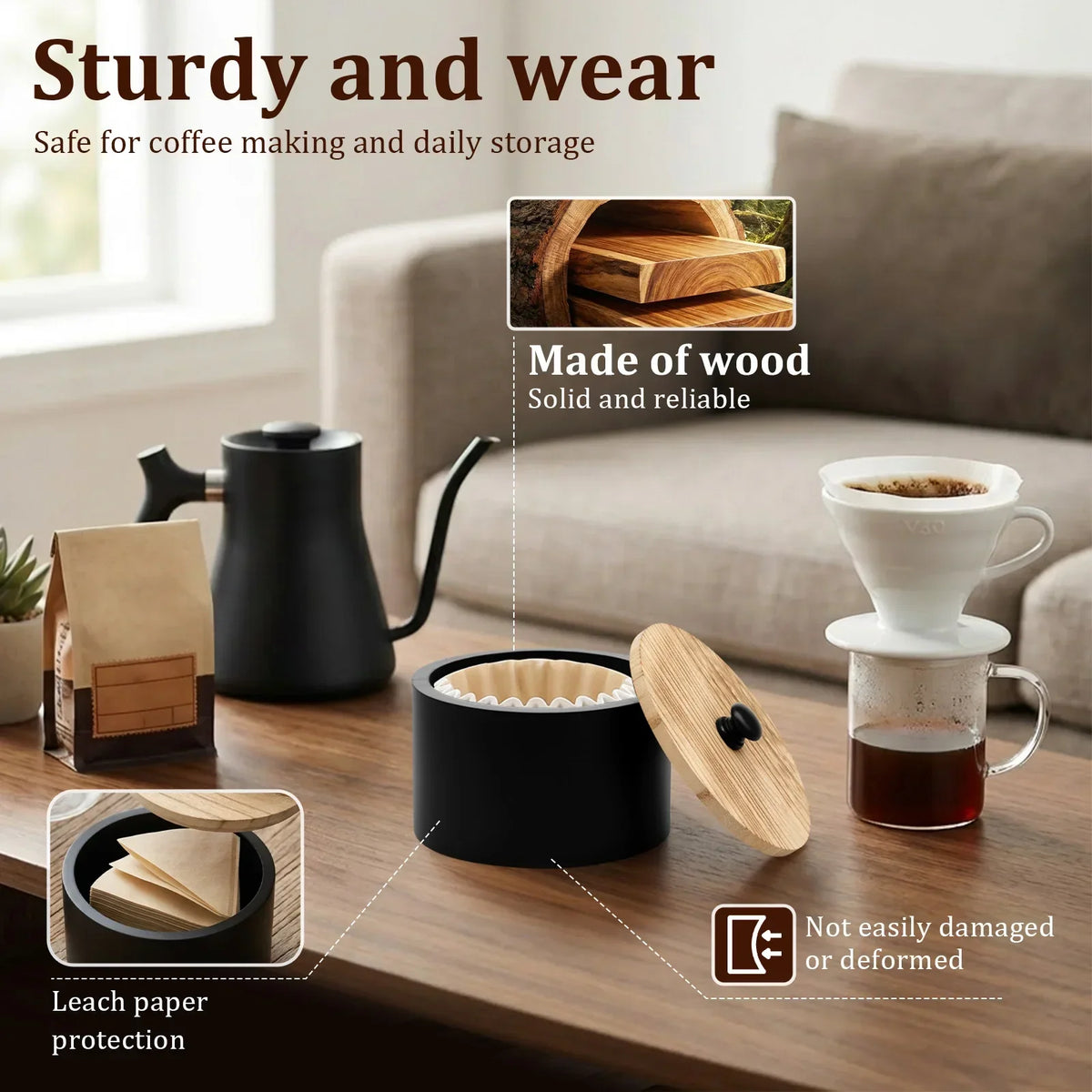 Wooden Coffee Filter Holder Storage Box with Lid | Organizer