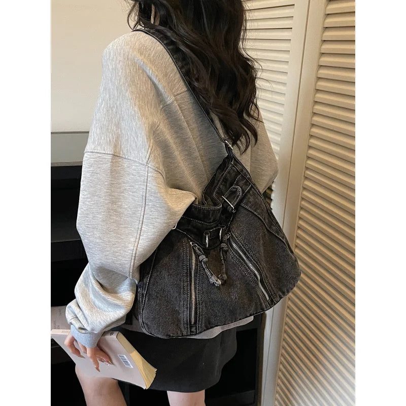 Vintage Denim Tote Bag – Large Crossbody Shoulder Bag