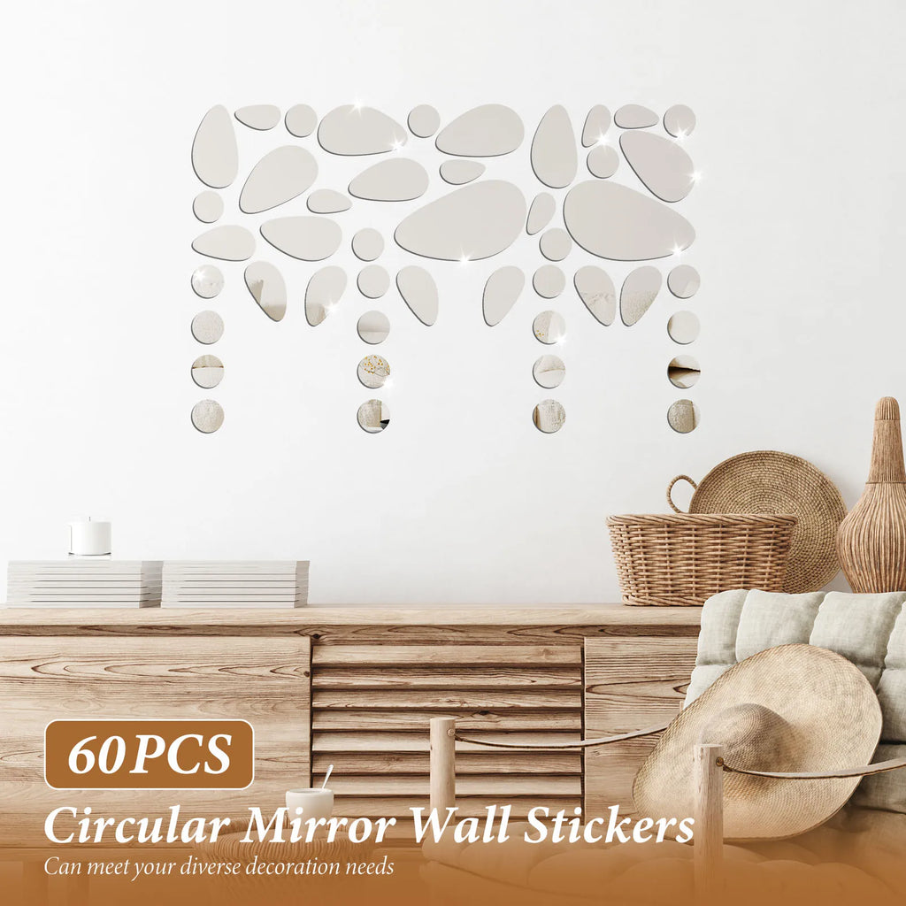 60Pcs Pebble Acrylic Mirror Wall Stickers – Self-Adhesive Tiles