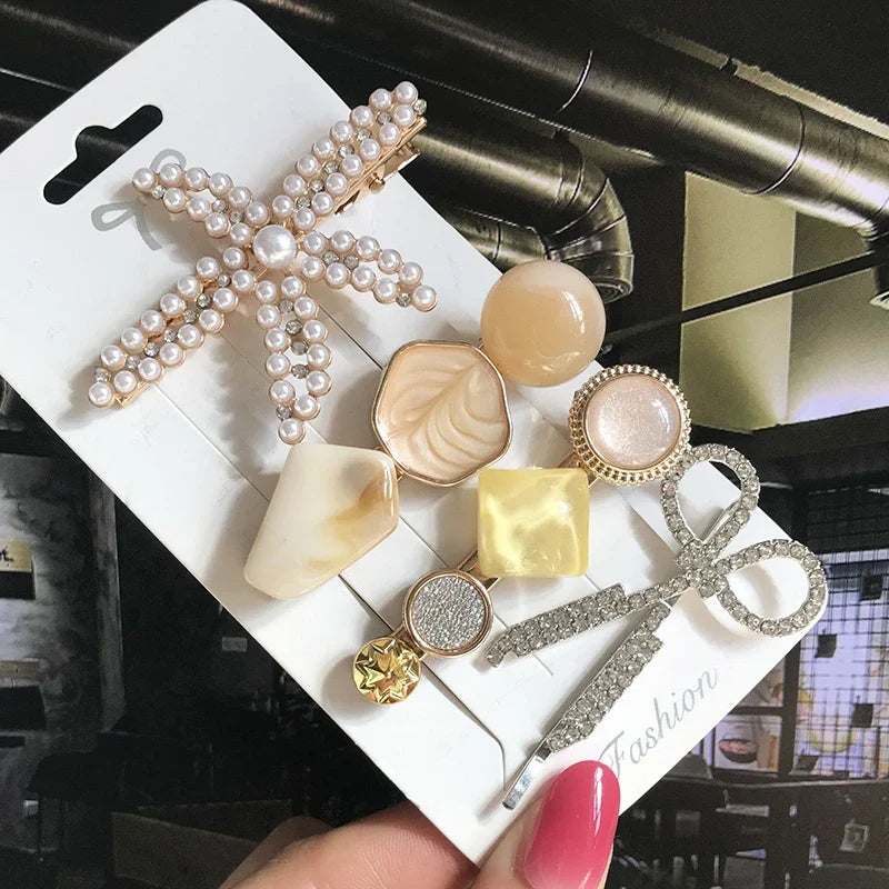Pearl Crystal Hair Clips Set – Korean Geometric Barrettes