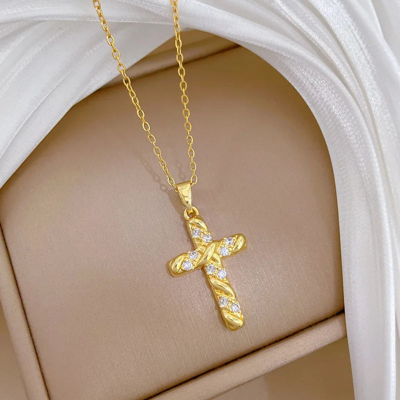 Women's Gold Cross Pendant Necklace – Stainless Steel Choker