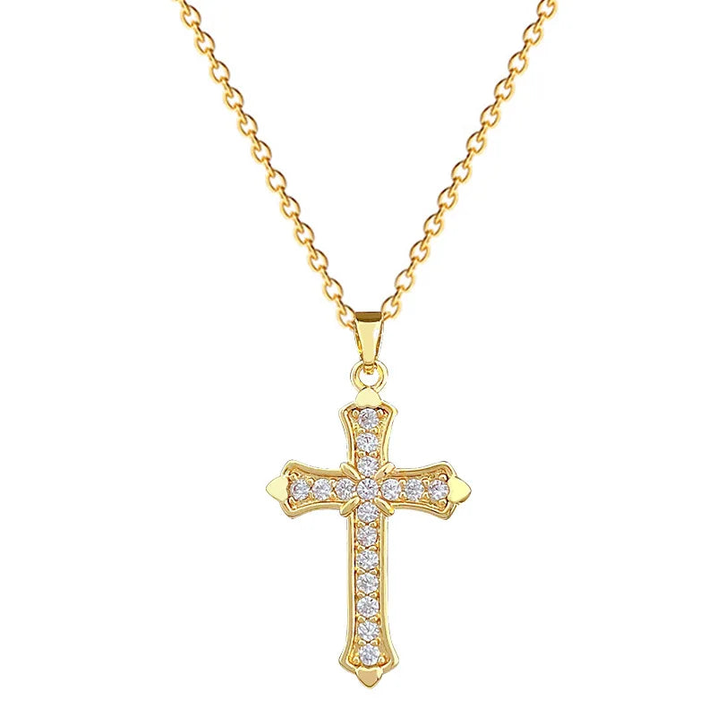 Women's Gold Cross Pendant Necklace – Zircon & Stainless Steel