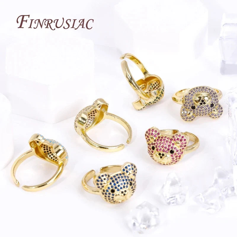 18K Gold Plated Zircon Bear Ring – Adjustable Open Ring